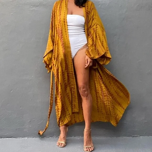 - New MUSTARD & CRAN Boho Tie Dye Kimono Maxi Beach open front long COVERUP *NEW